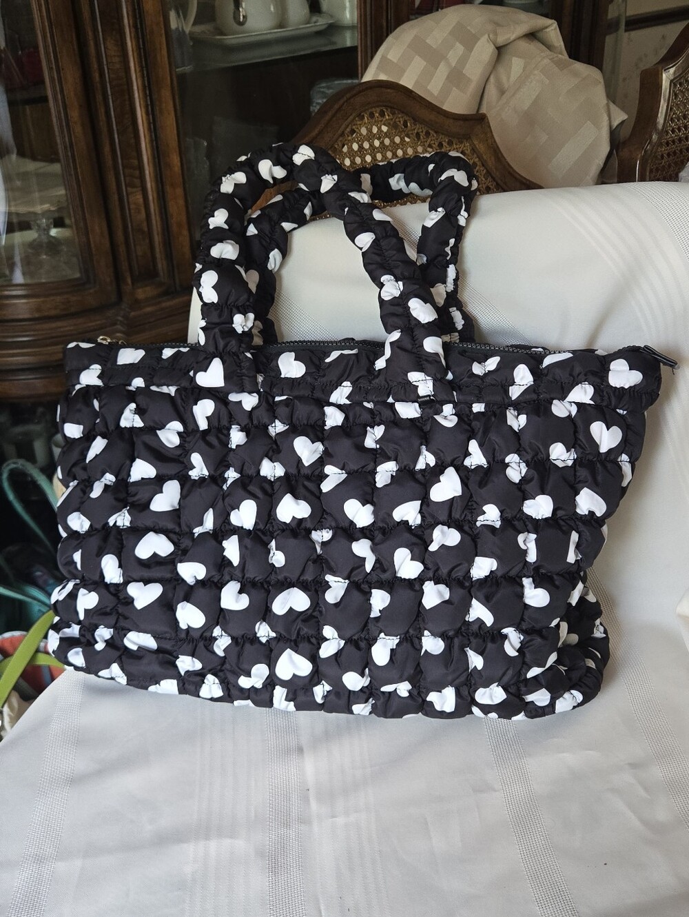 NWOT OMG Black Puffy Quilted Heart Tote Bag